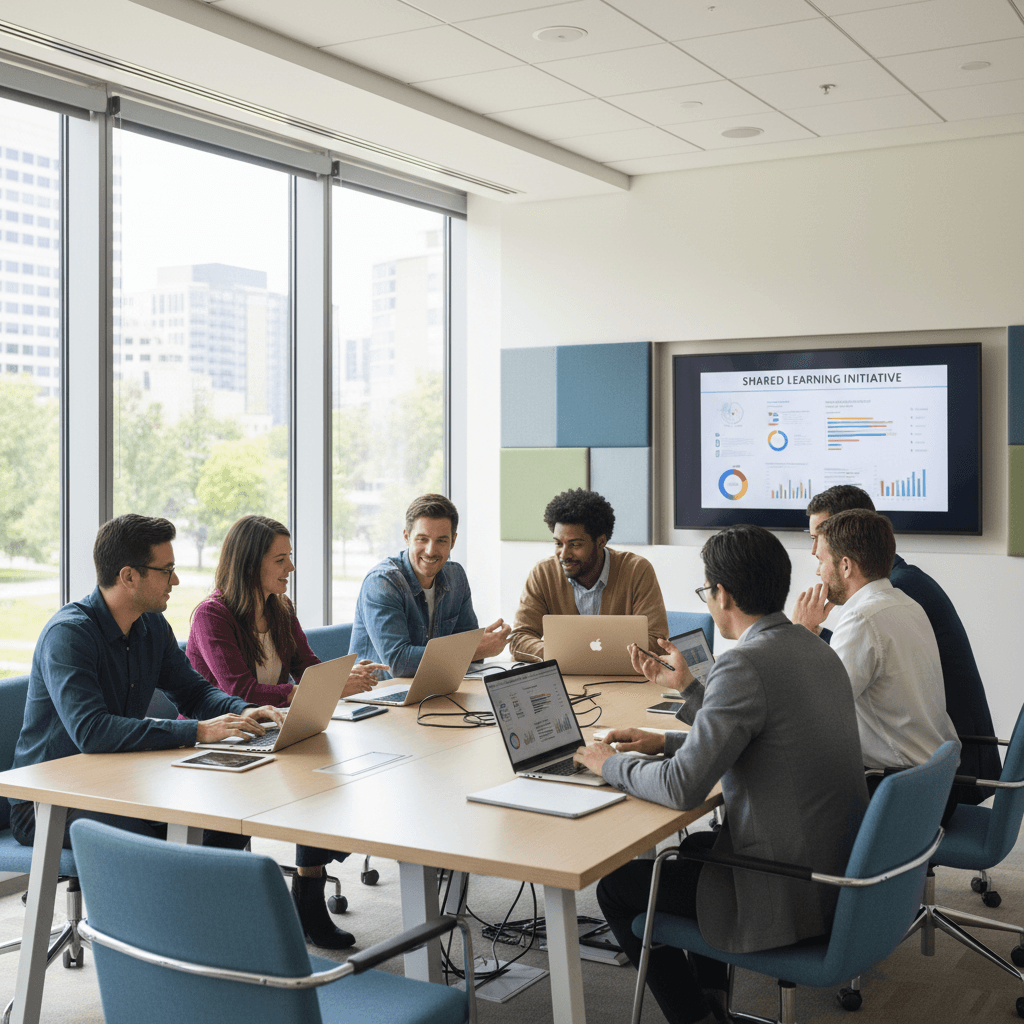 Group of educators collaborating on tech setup at conference table