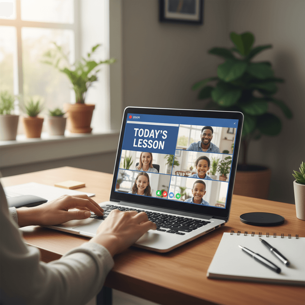Parent setting up Zoom classroom on laptop at home desk