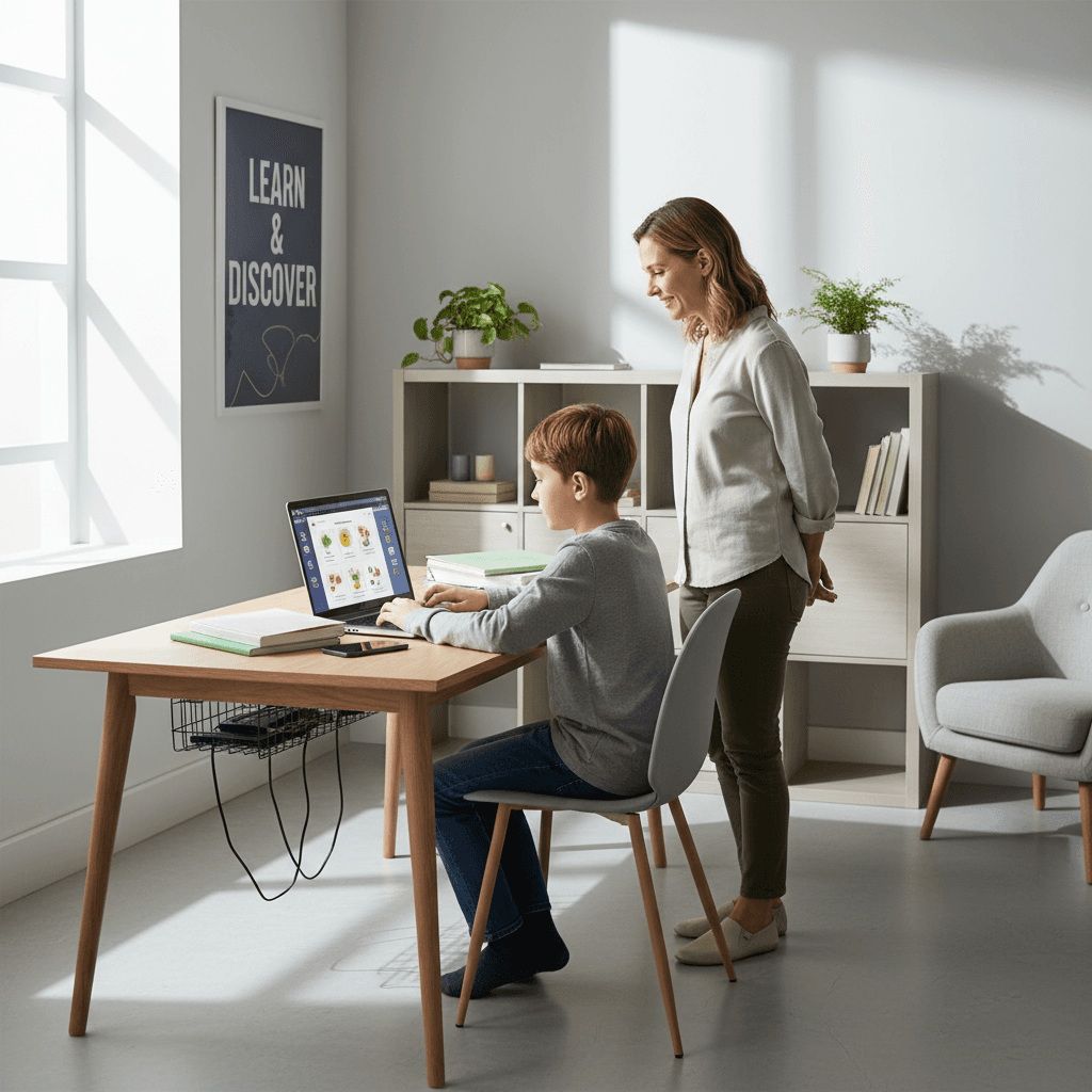 Homeschool student working on tablet with educator nearby
