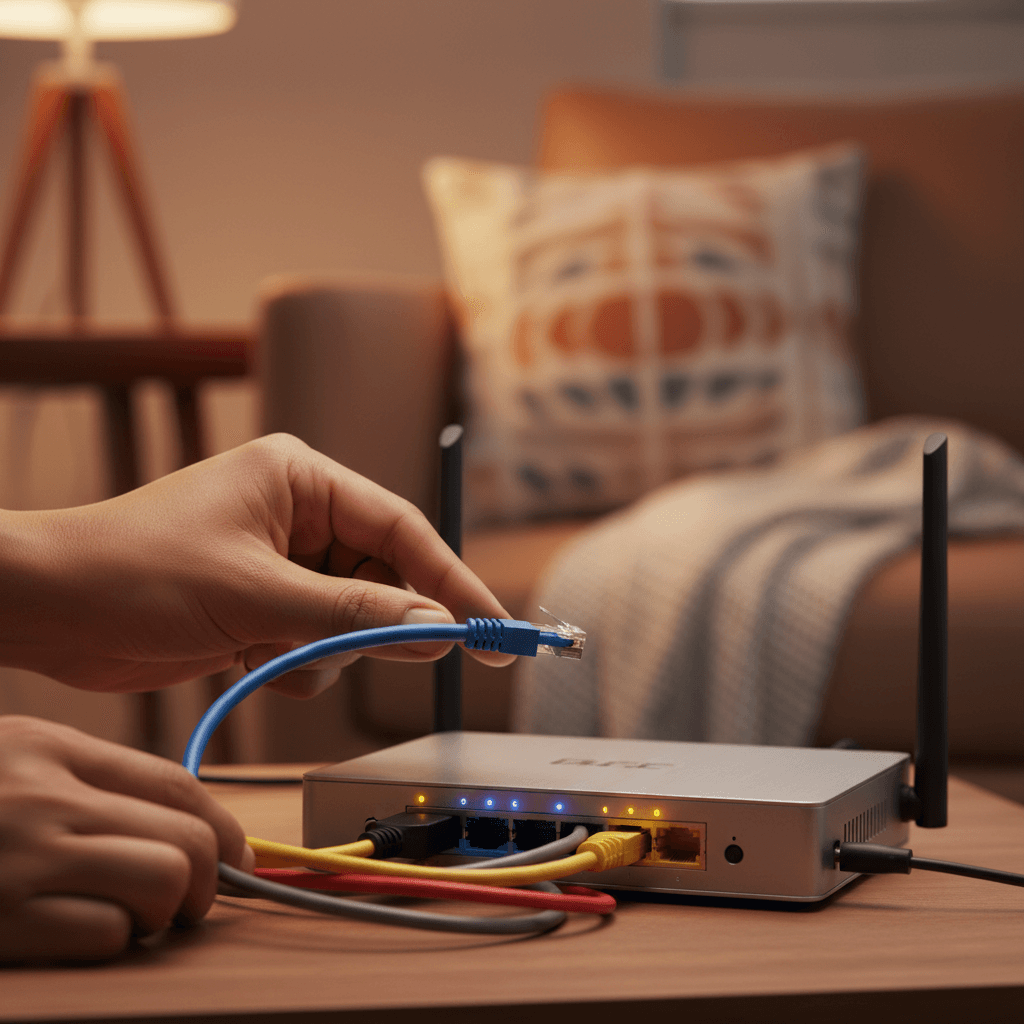 Hands configuring home network router for secure connectivity