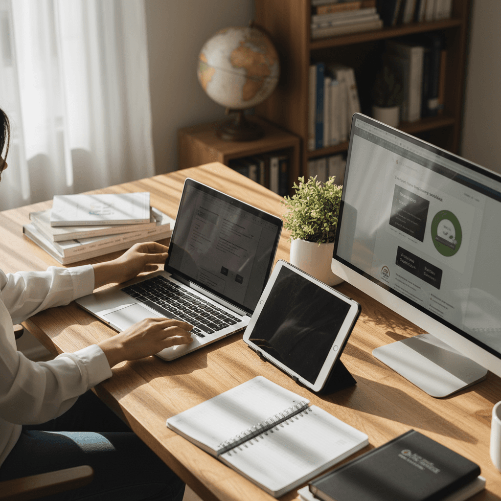 Homeschool technology setup with multiple devices on organized desk